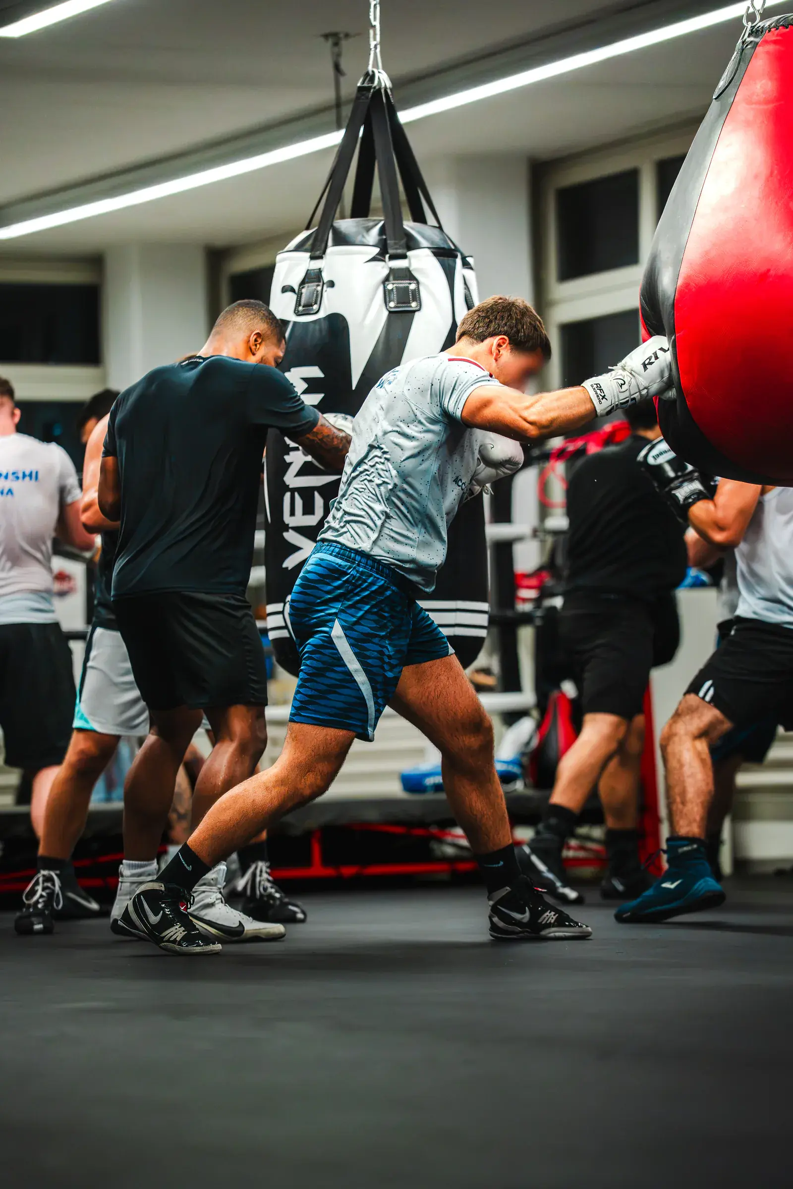 Boxer in a grey shirt and blue shorts punches a red bag, with other boxers training at the heavy bags behind him.